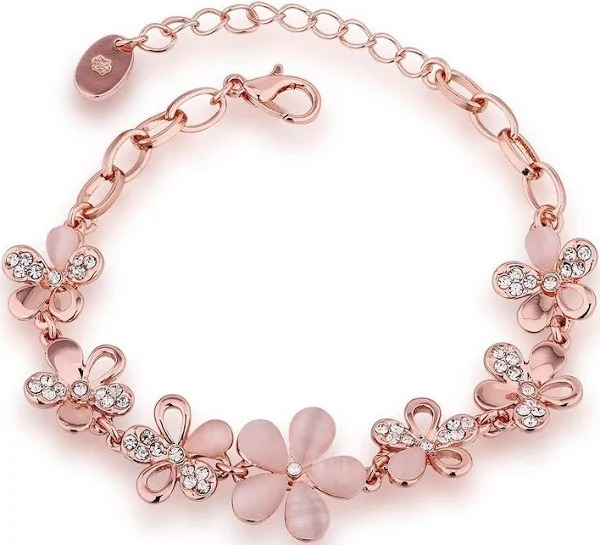 Okos Rose Gold Plated Pink Flowers Link Chain Bracelet